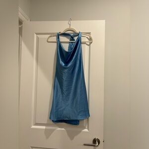 Canton Walker Satin Light Blue Mini Halter Dress